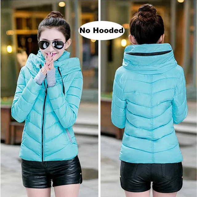 2018 hooded women winter jacket short cotton padded womens coat autumn casaco feminino inverno solid color parka stand collar