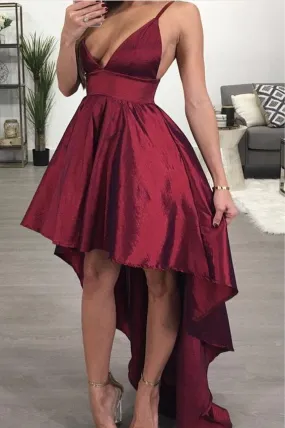 A line Deep V Neck High Low Spaghetti Straps Sleeveless Taffeta Prom Dresses uk JS358