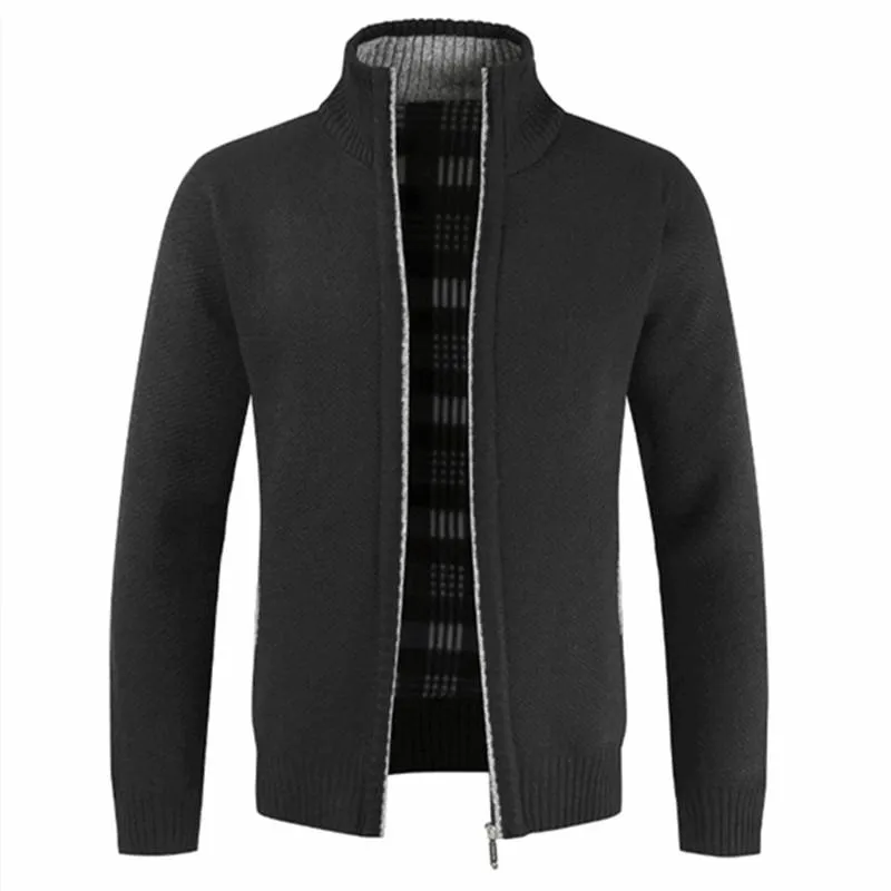 Autumn Winter Warm Men's Solid Cotton Slim Fit Stand Collar Zipper Jacket