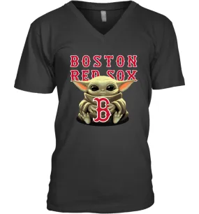 Baby Yoda Hugs Loves The Boston Red Sox Baseball Mens V-Neck T-Shirt