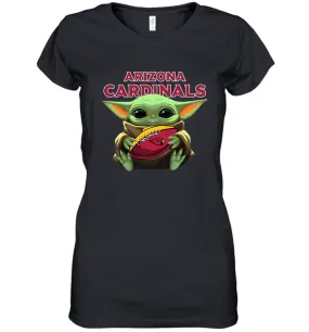 Baby Yoda Loves The Arizona Cardinals Star Wars Baby Yoda Hugs Cardinals NFL Womens V-Neck T-Shirt