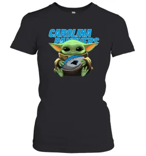 Baby Yoda Loves The Carolina Panthers Star Wars Baby Yoda Hugs Panthers NFL Womens T-Shirt