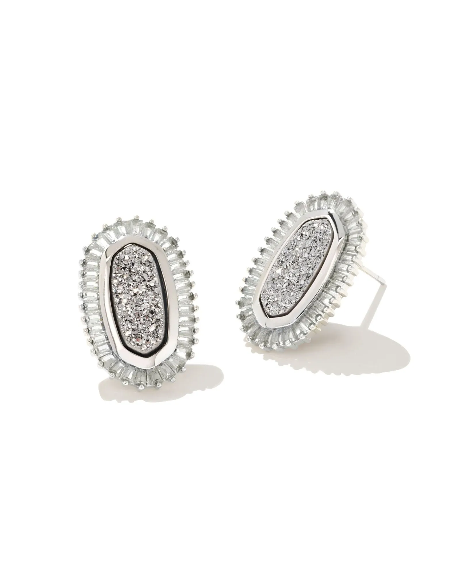 Baguette Ellie Stud Earring in Rhodium Platinum Drusy