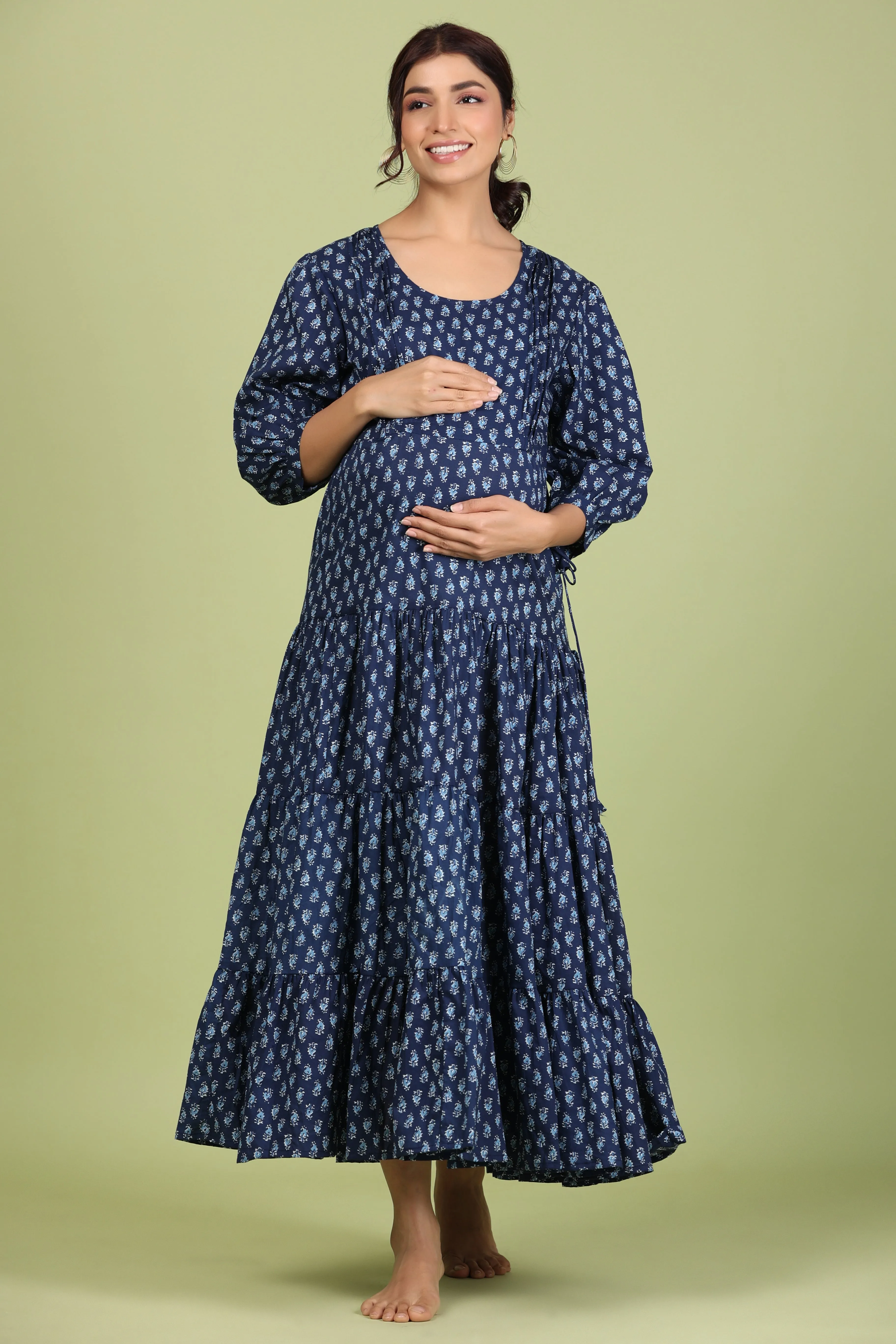 Batik Print on Blue Maternity Feeding Dress