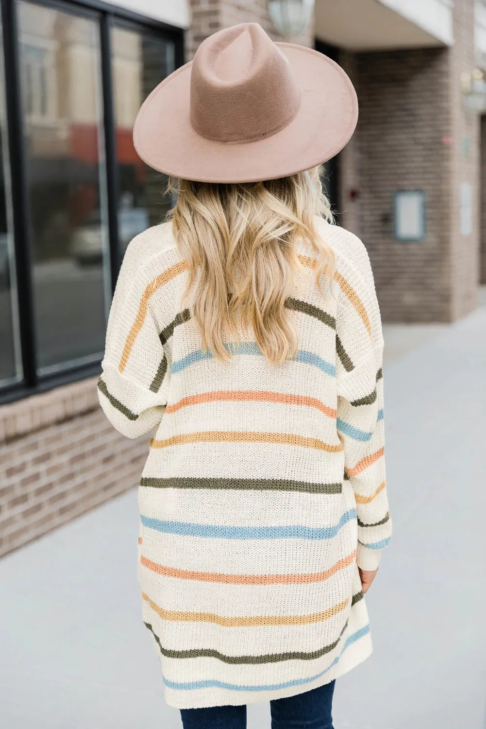 Beige Striped Full Sleeves Casual Cardigan