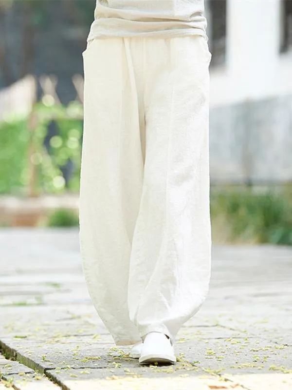 Beige&White Ramie Cotton Casual Linen Bloomers Pants