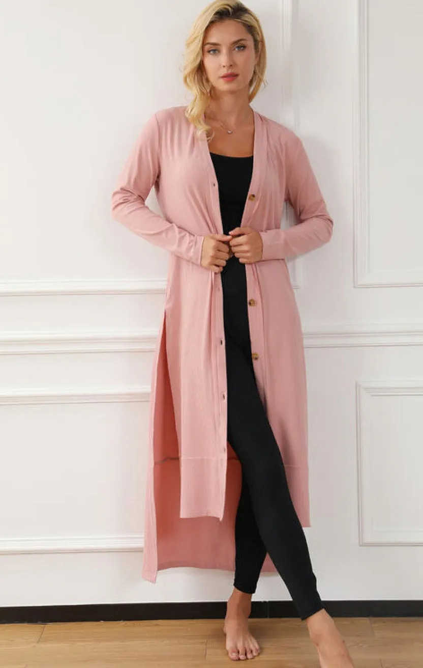 Button Up High-Low Long Sleeve Slit Cardigan