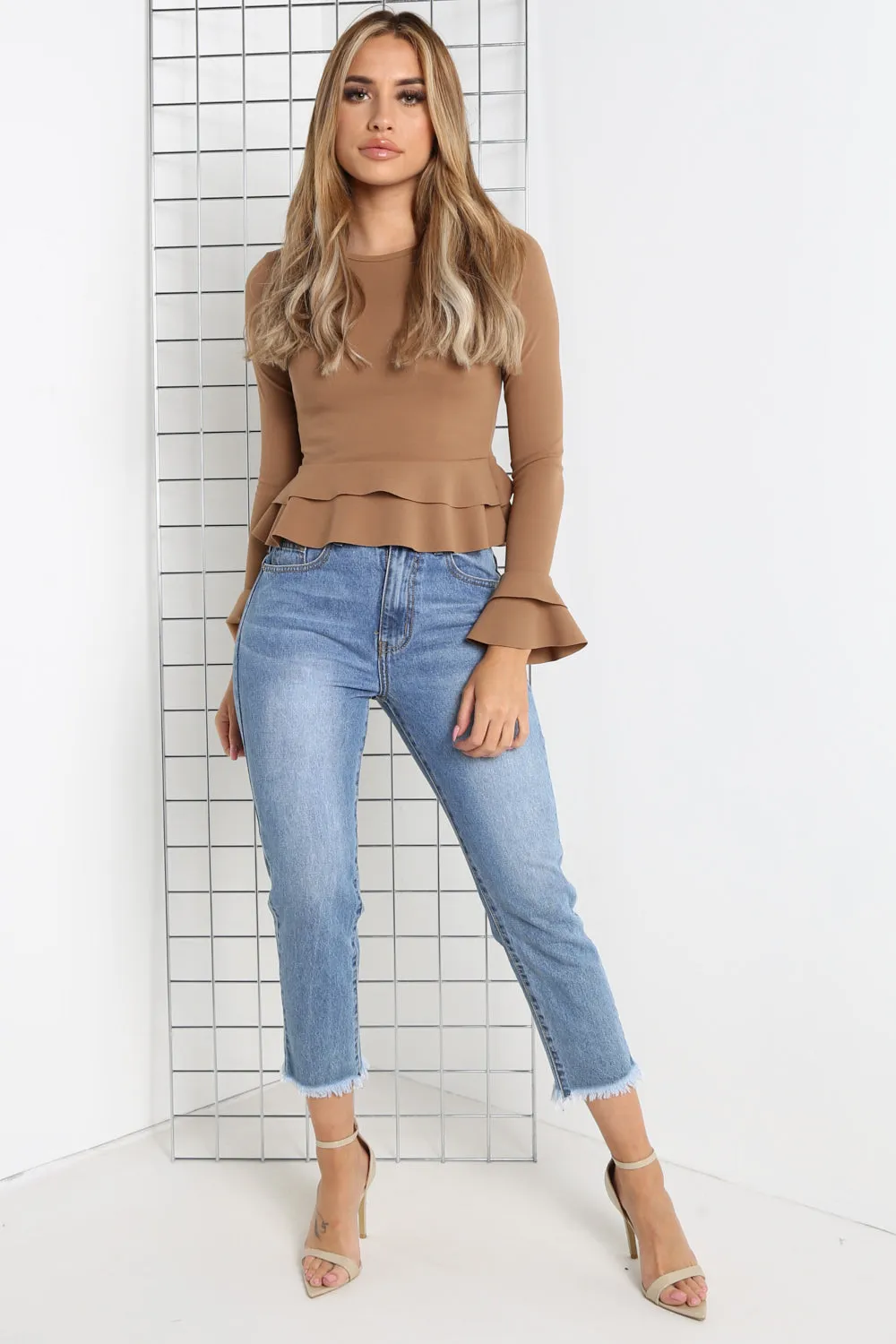 Camel Frill Long Sleeve Crop Top