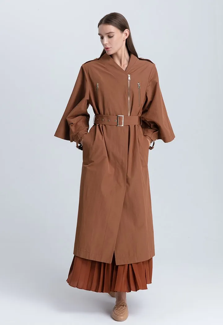 Choice Solid Color Belted Cuffed Sleeve Trench Coat Tabacco