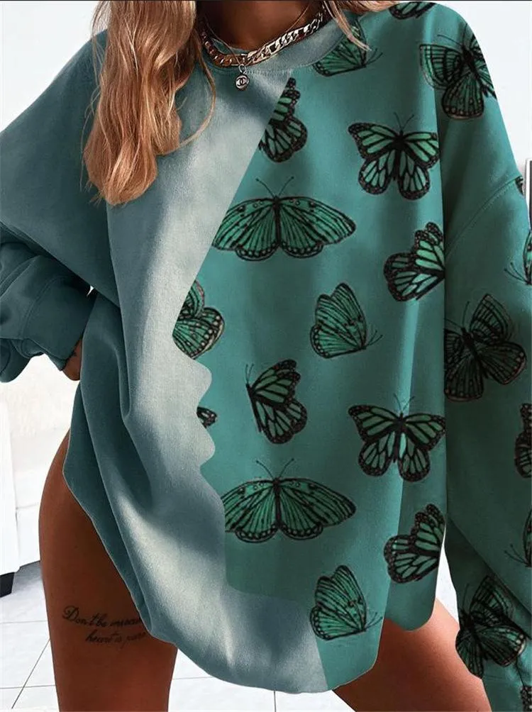 Fashion Butterfly Print Long Sleeve Round Neck Sweatshirt