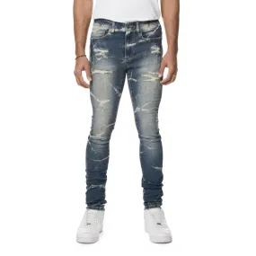 Gun Shot Effect & Lightning Washed Super Skinny Denim Jeans - Westport Blue