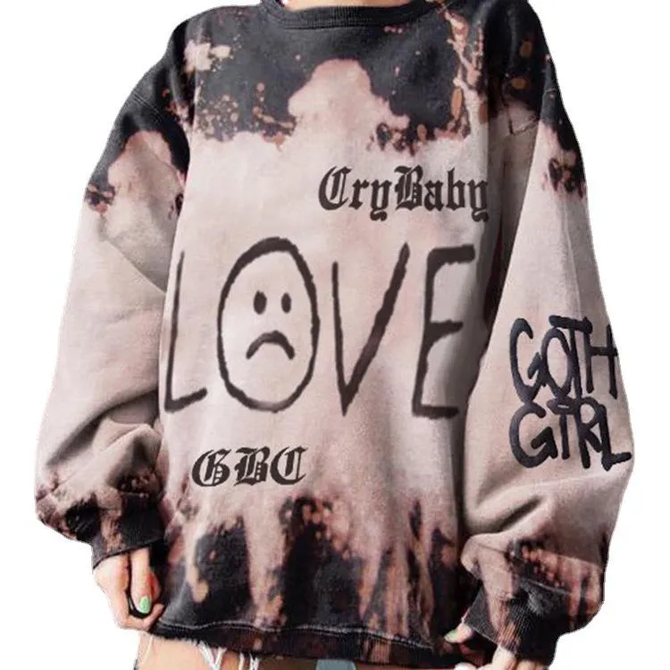 Ladies Tie-Dye Letter Print Sweatshirt Long Sleeve Round Neck Loose Casual Pullover Sweatshirt