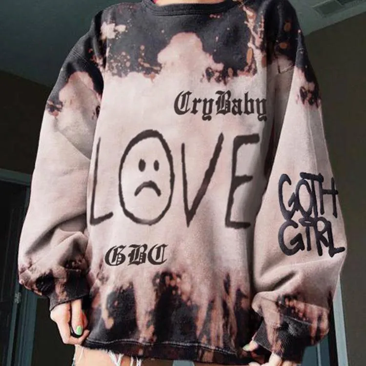 Ladies Tie-Dye Letter Print Sweatshirt Long Sleeve Round Neck Loose Casual Pullover Sweatshirt