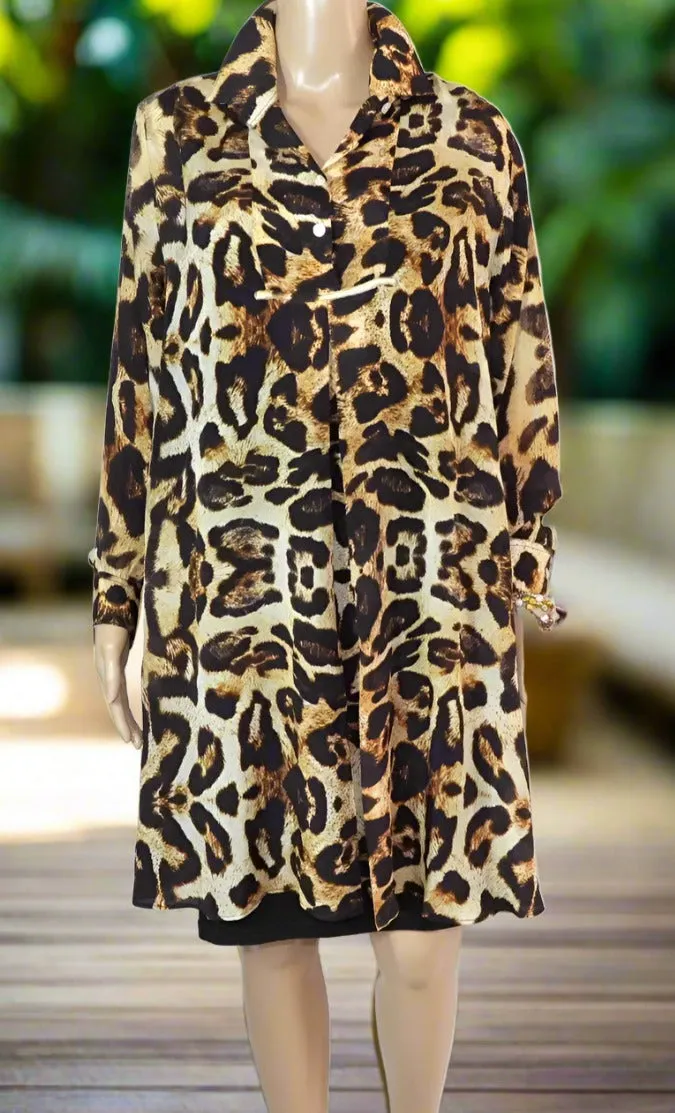 Leopard Silk Swing Shirt with Collar