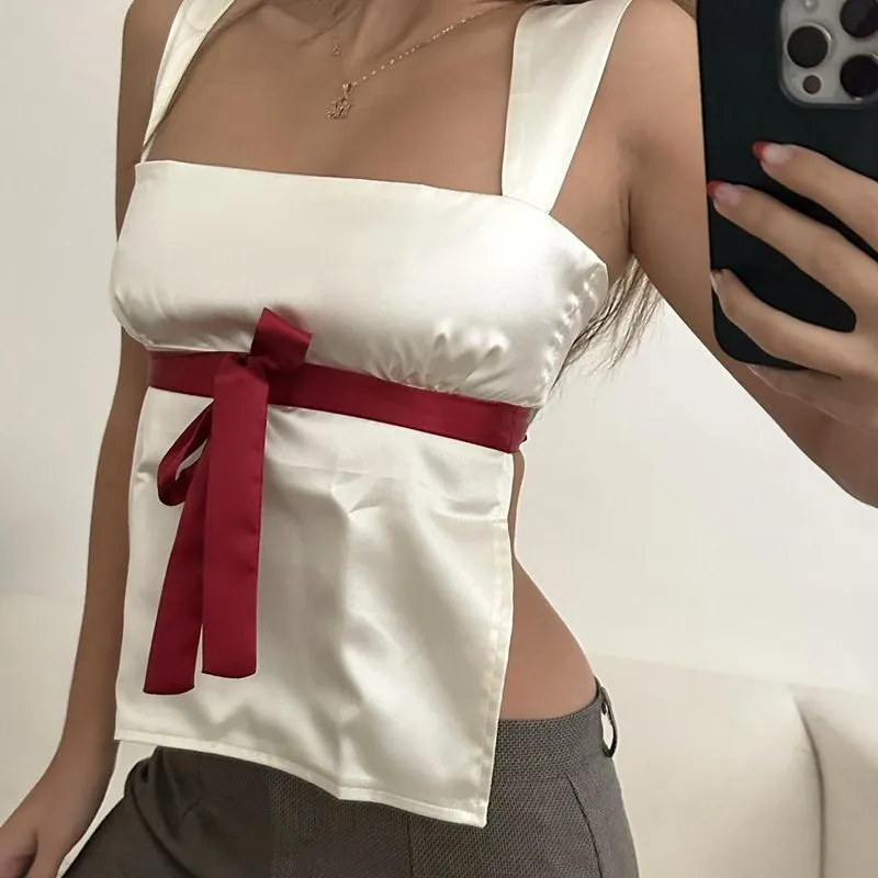 Lolita Satin Sleeveless Blouse Bow Knot Silky Shirts for women