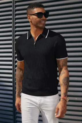 Men Textured Knitwear Short Sleeve Lapel Collar Zip-up Neck Knitted Tops