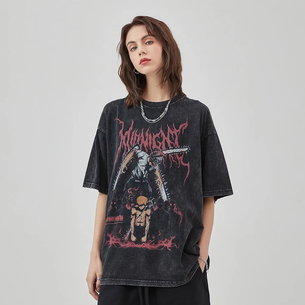 Midnight Anime Graphic Acid Wash T-Shirt