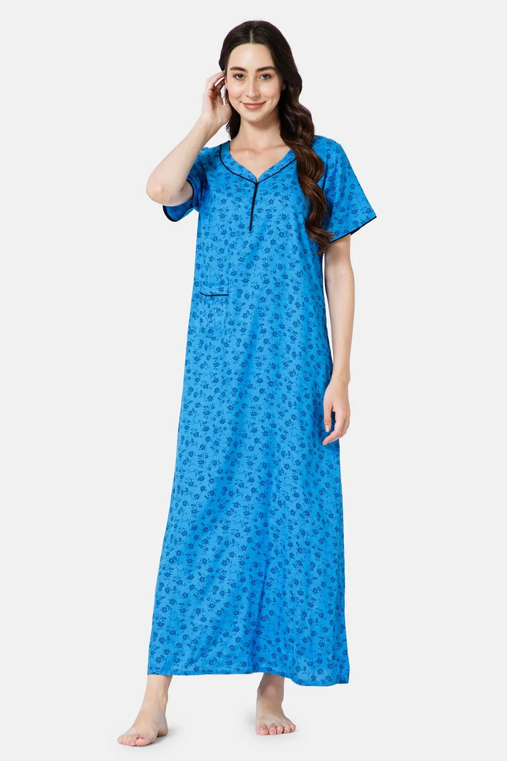 Naidu Hall Cotton Round Neck V Variation Short Sleeve Nighty - Dark Blue - NT46