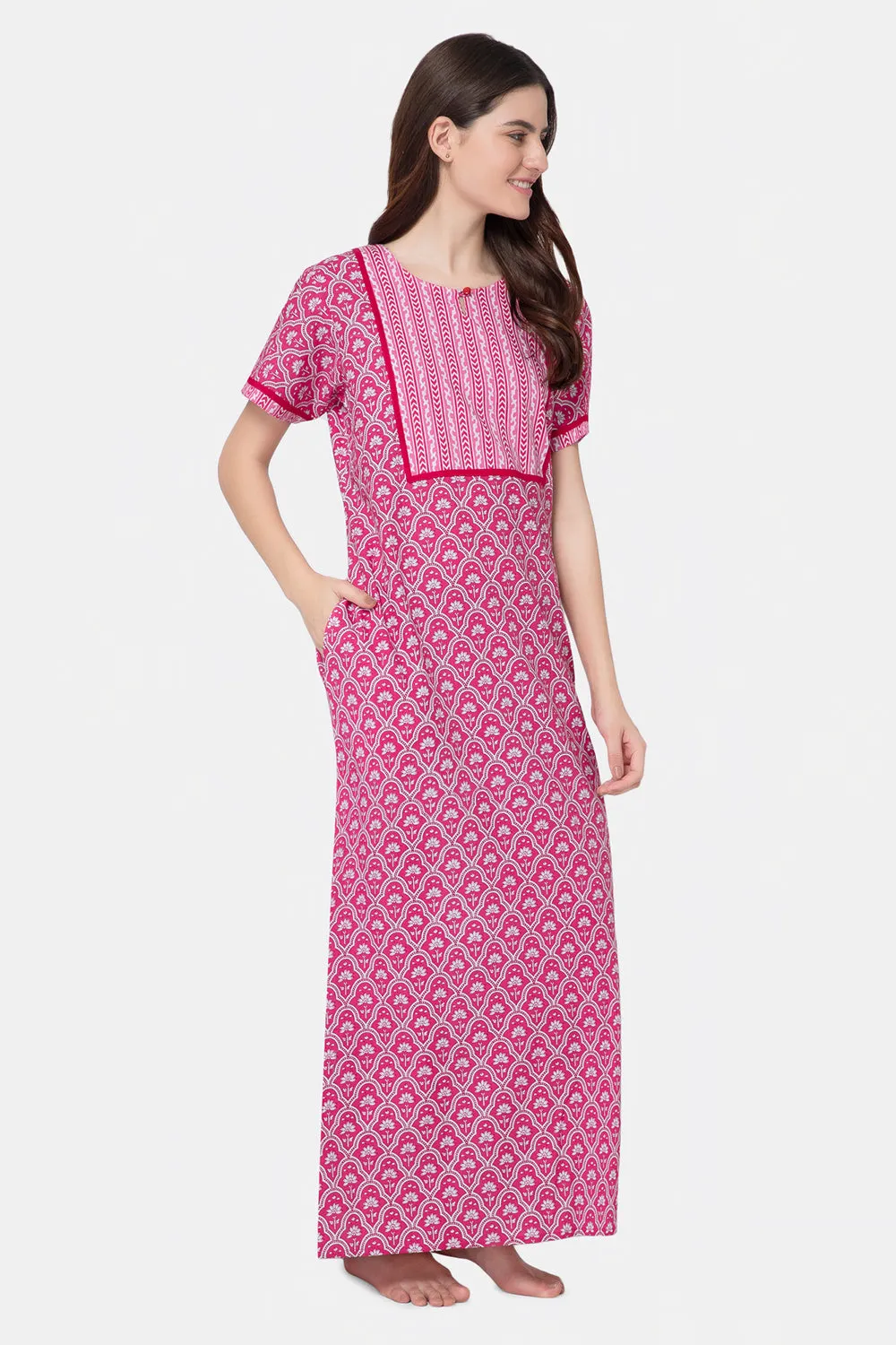 Naidu Hall Round Neck Half Sleeve Pull-On Nighty - Pink - NT22