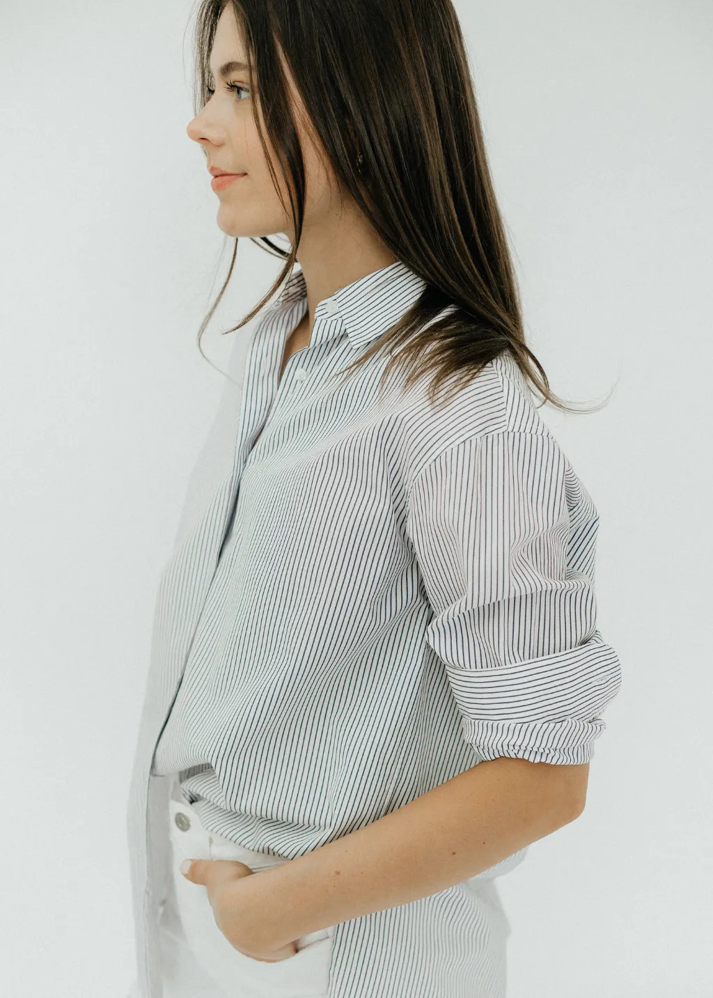 Nili Lotan Yorke Shirt in Thin Navy Stripe