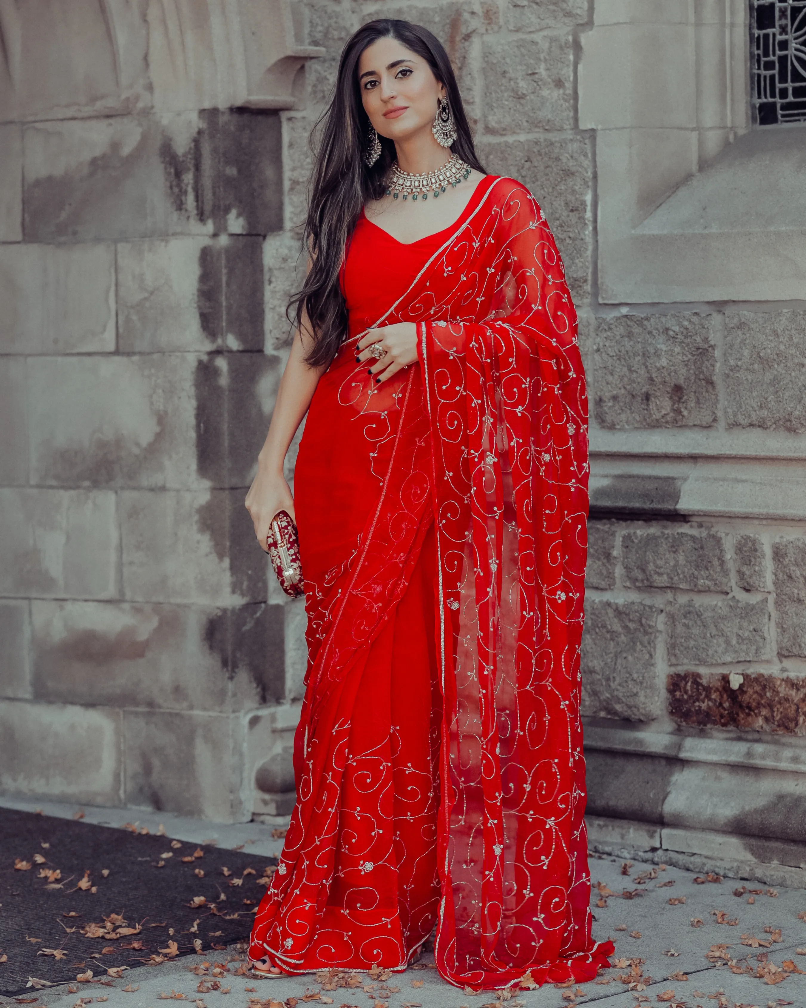 Red Joy Pure Chiffon Saree