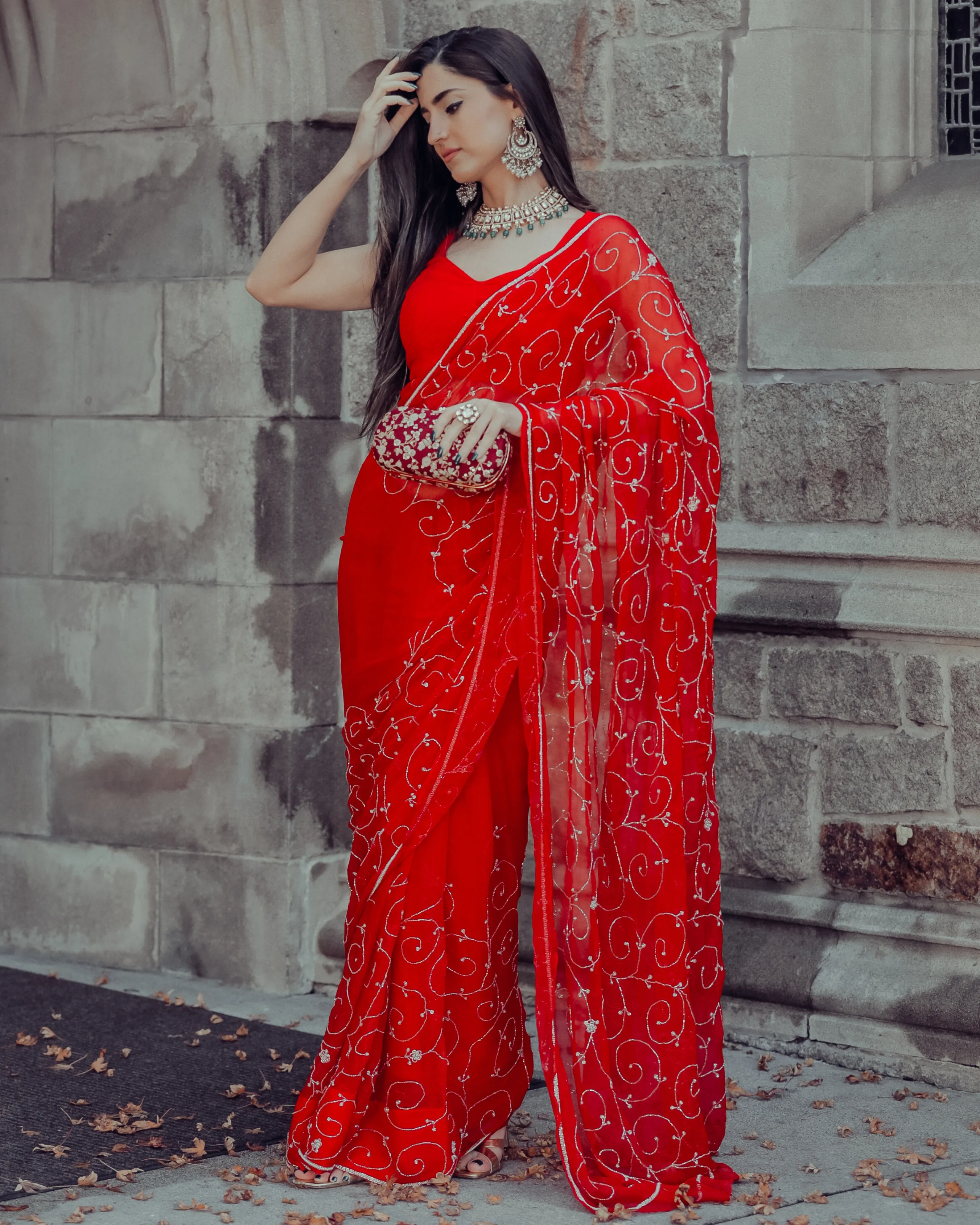 Red Joy Pure Chiffon Saree