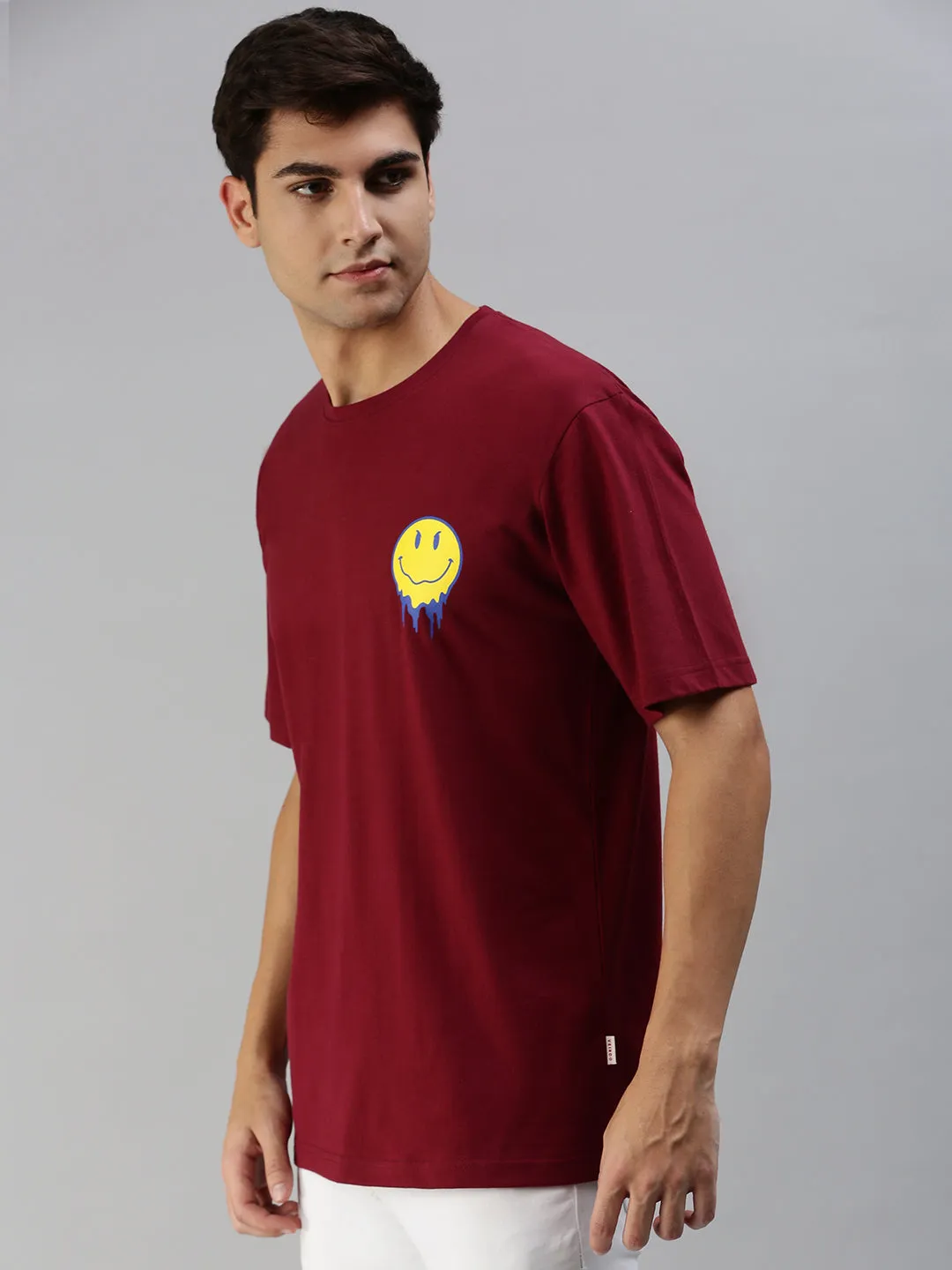 Smile Maroon Oversized Pocket Back Graphic Printed Tshirt