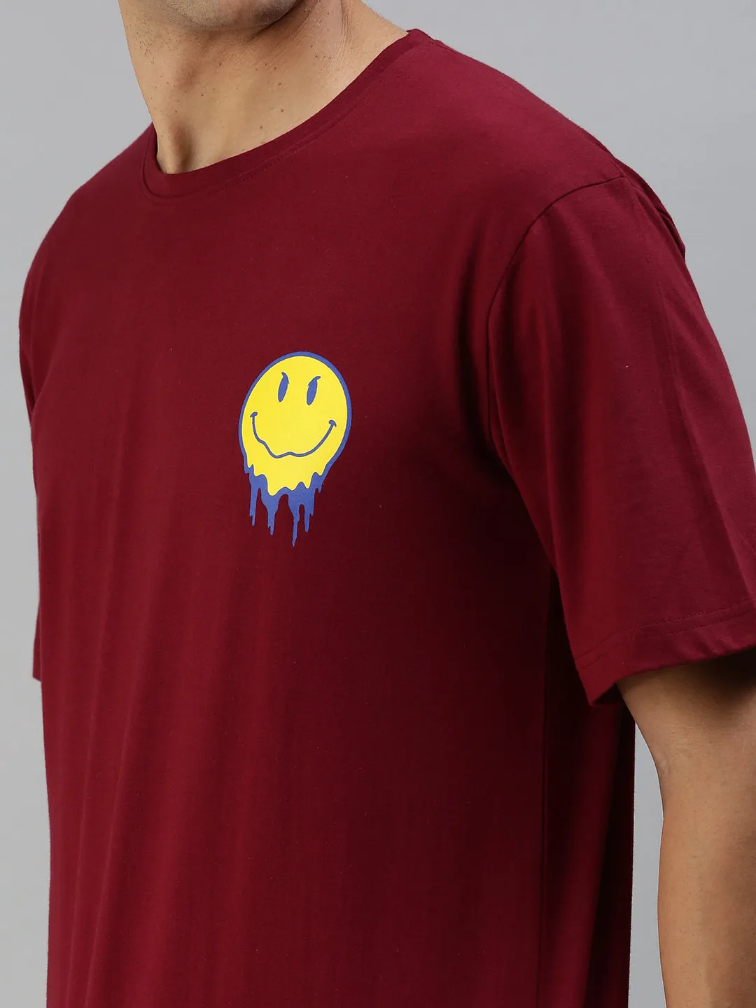 Smile Maroon Oversized Pocket Back Graphic Printed Tshirt