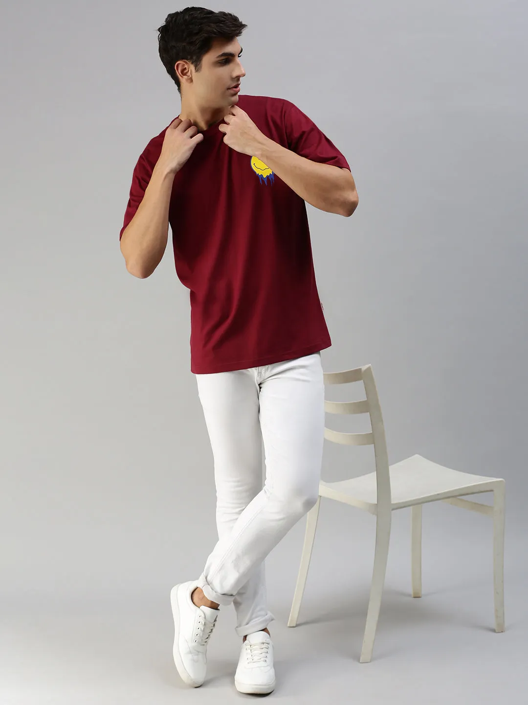 Smile Maroon Oversized Pocket Back Graphic Printed Tshirt