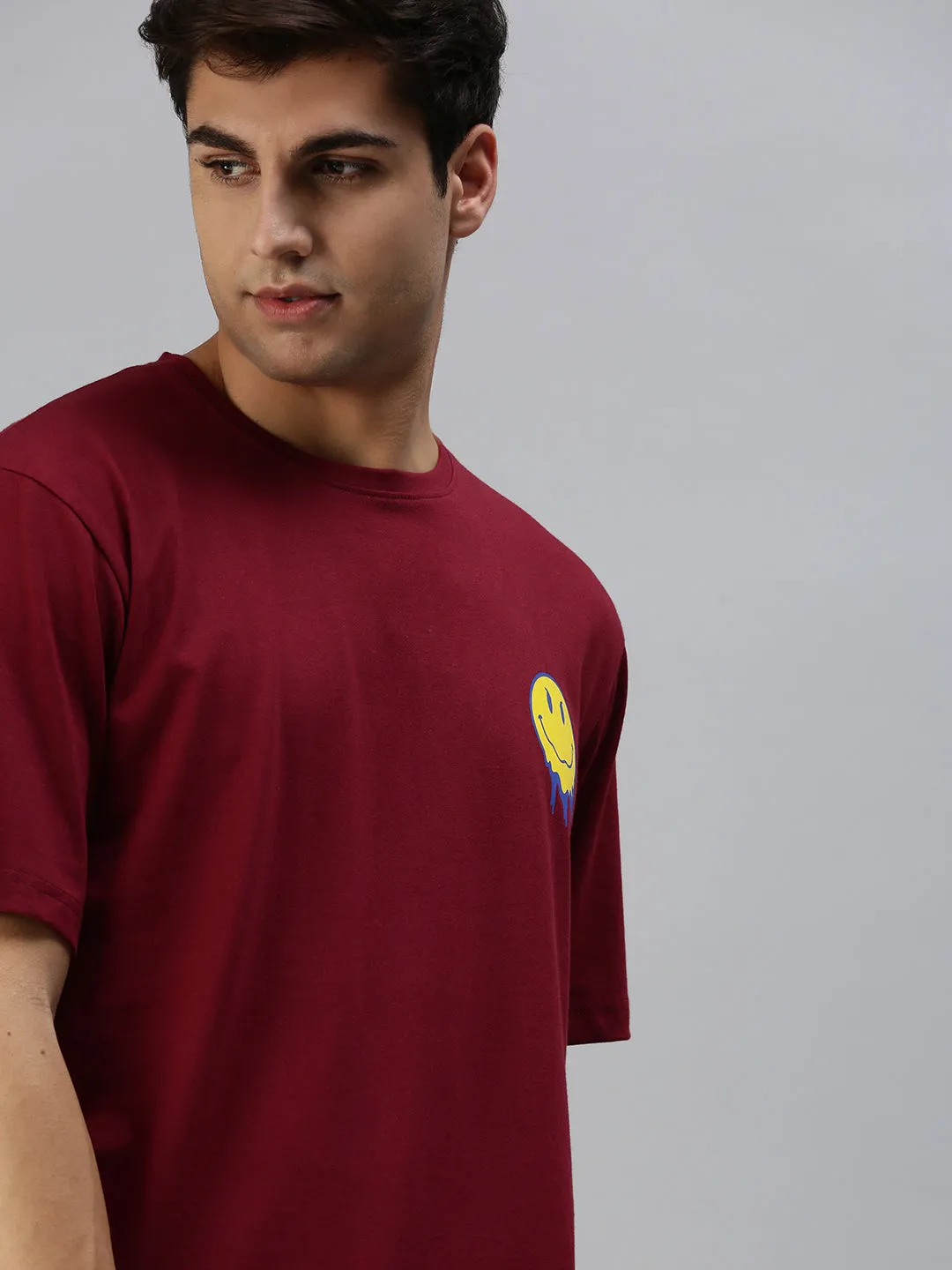 Smile Maroon Oversized Pocket Back Graphic Printed Tshirt