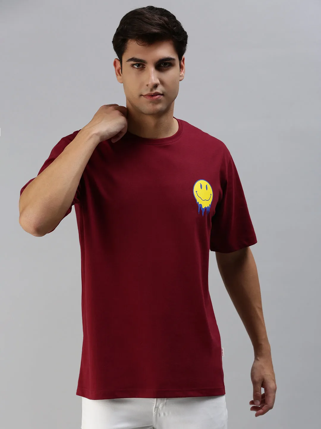 Smile Maroon Oversized Pocket Back Graphic Printed Tshirt