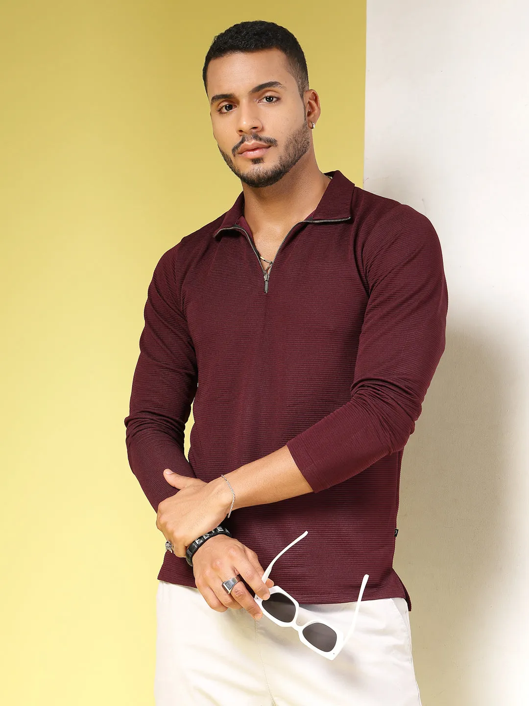 Solid Textured High Neck Zipper T-Shirt