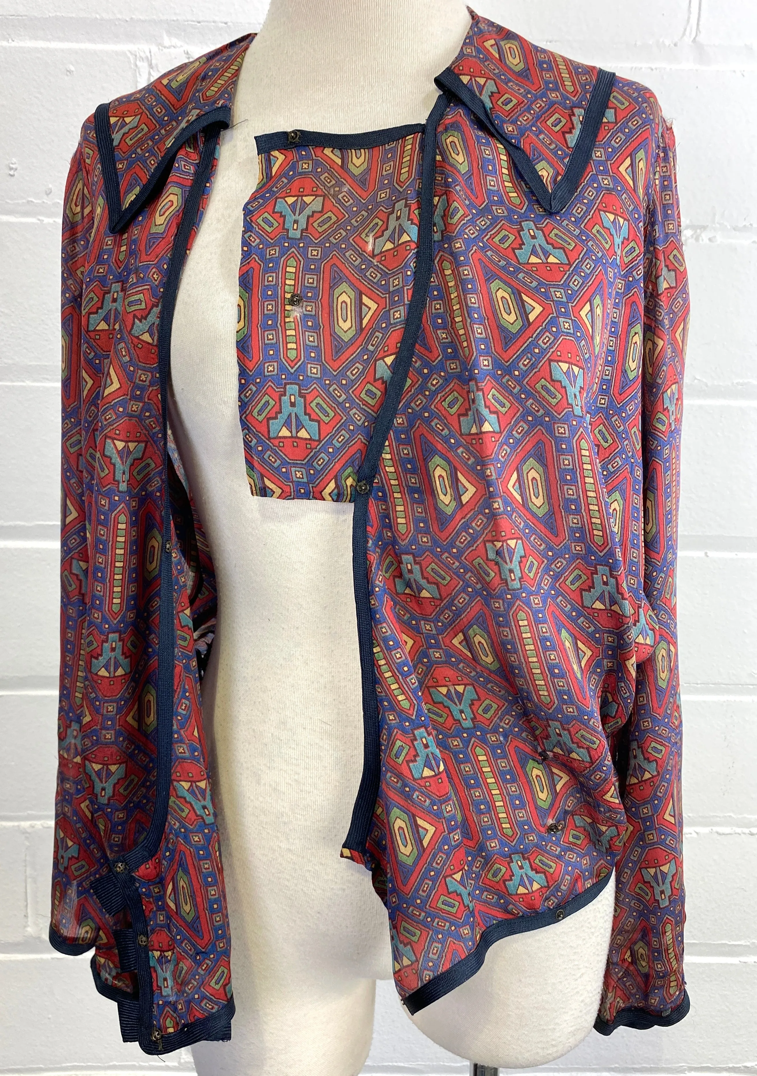 Vintage 1920s Art Deco Print Chiffon Blouse, B41"