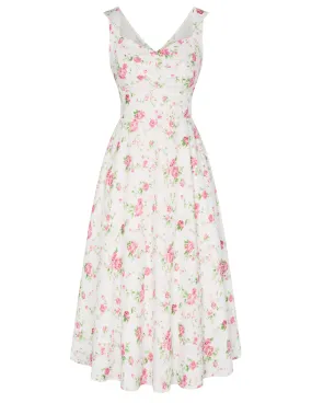 Vintage Floral Patterns 1950s Cocktail Swing Dresses Summer Square Neck Sleeveless A-Line Midi Dress with Pockets