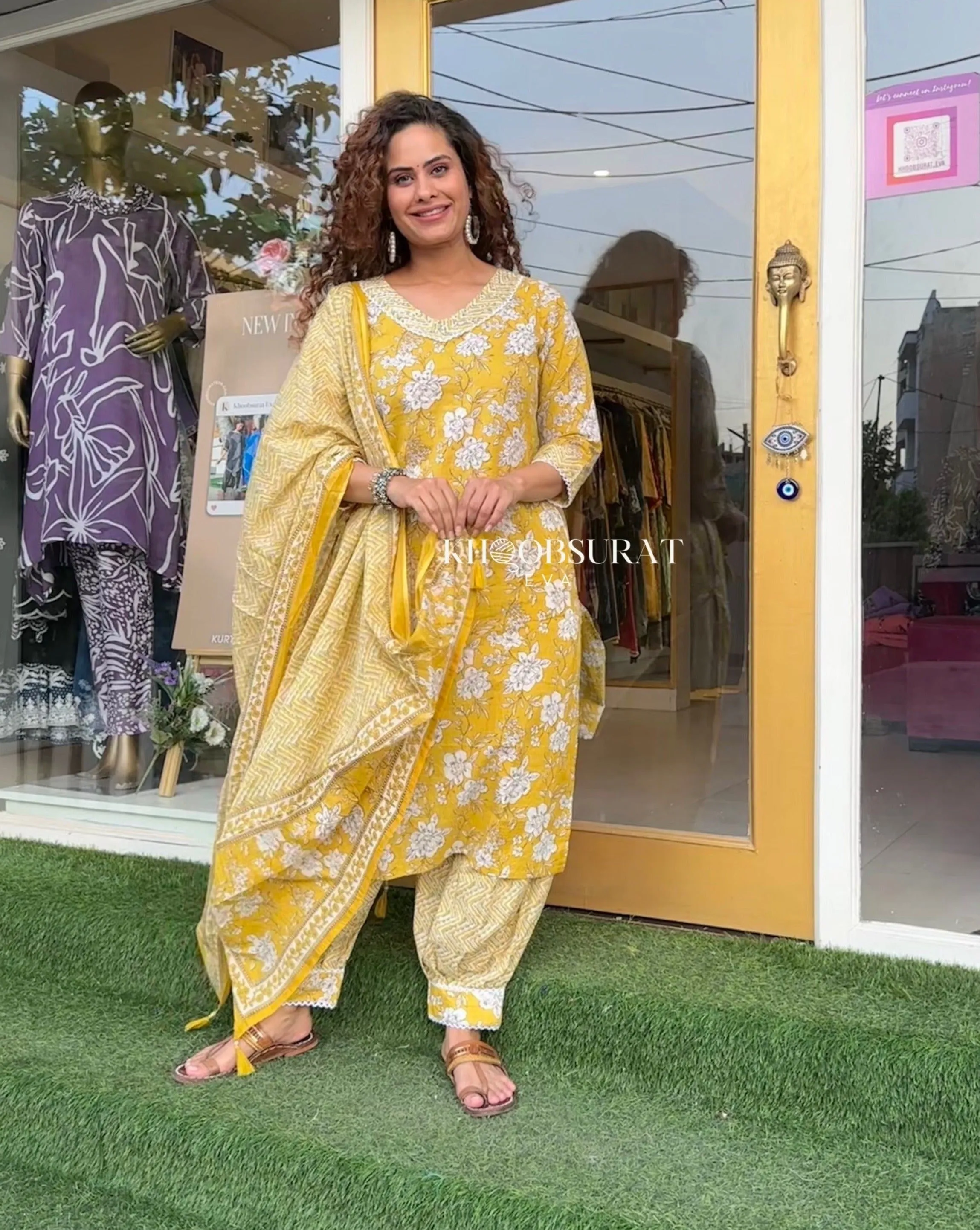 Yellow Kurti with Afghani Pants and Dupatta Set